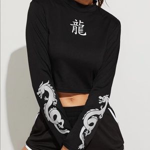 Mock Neck Reflective Dragon Print Tee